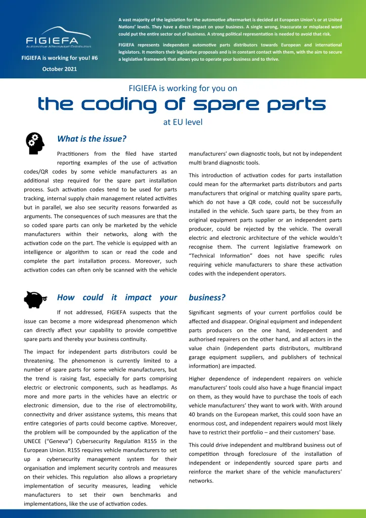 FIGIEFA is working for you… on Coding of spare parts