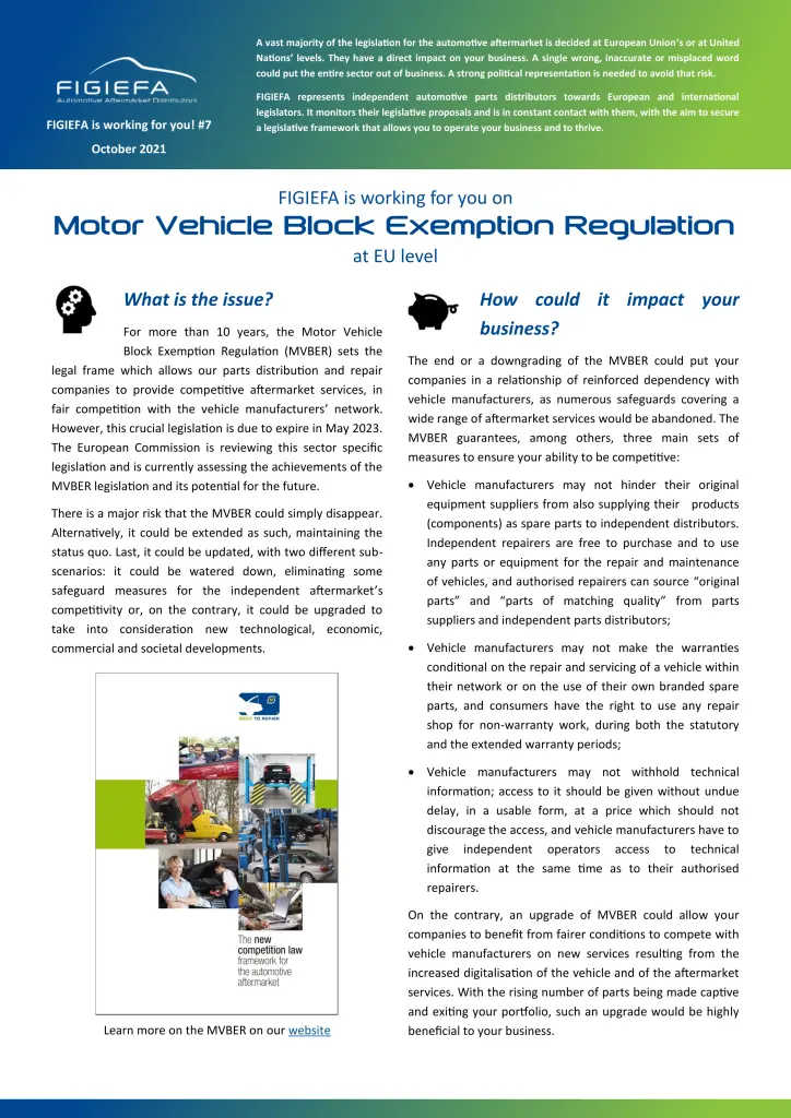 FIGIEFA is working for you… on Motor Vehicle Block Exemption Regulation