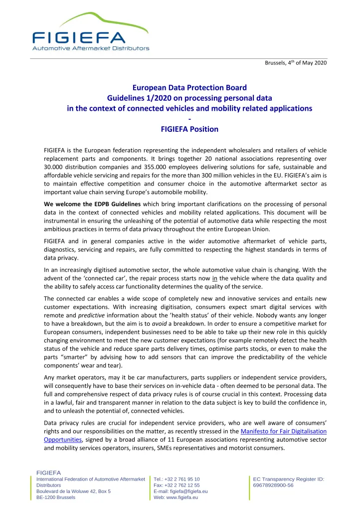 EDPB Guidelines – FIGIEFA Position – 2020 05 04