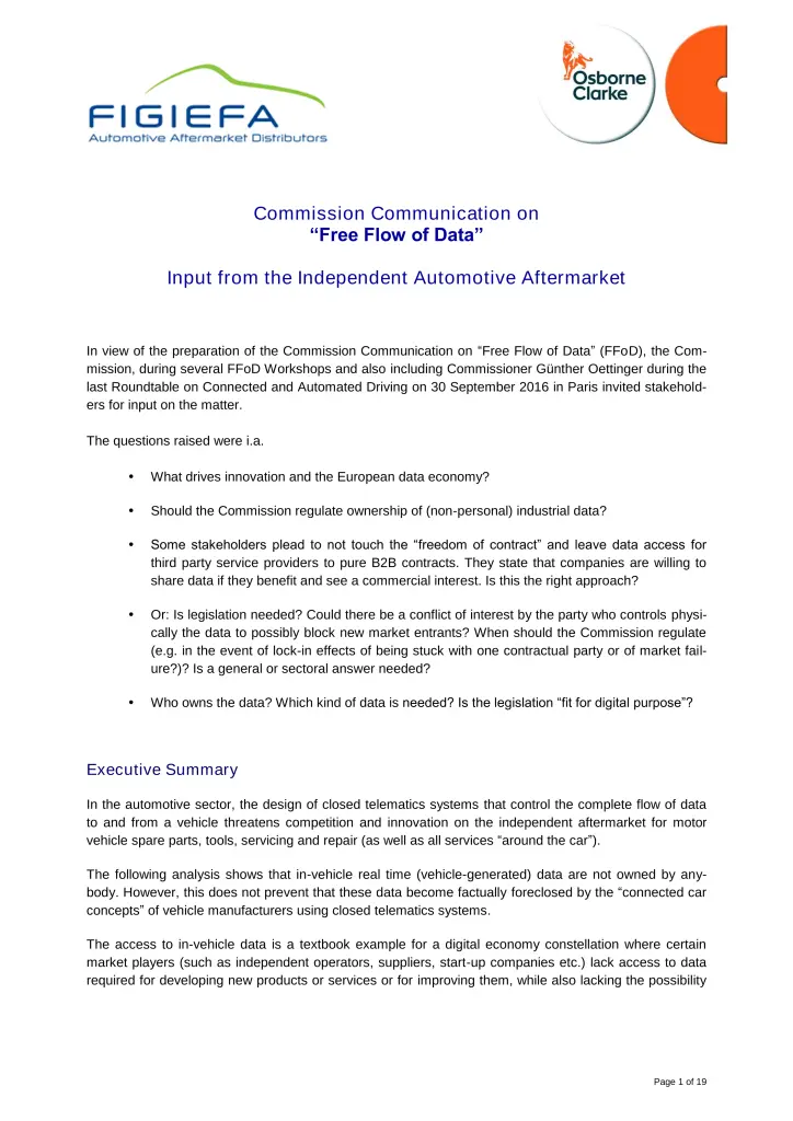 Commission Communication on “Free Flow of Data”